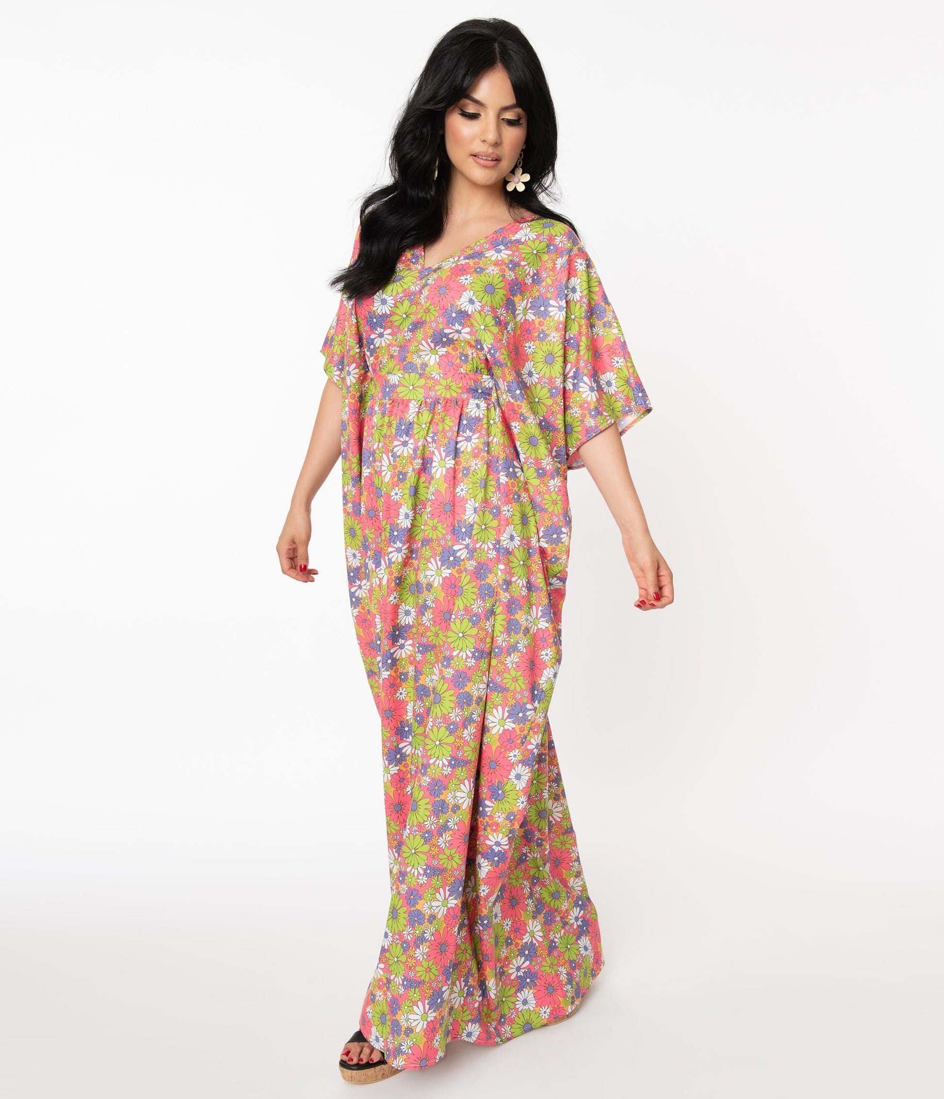 Unique Vintage Hot Pink & Multi Floral Burton Caftan Dress