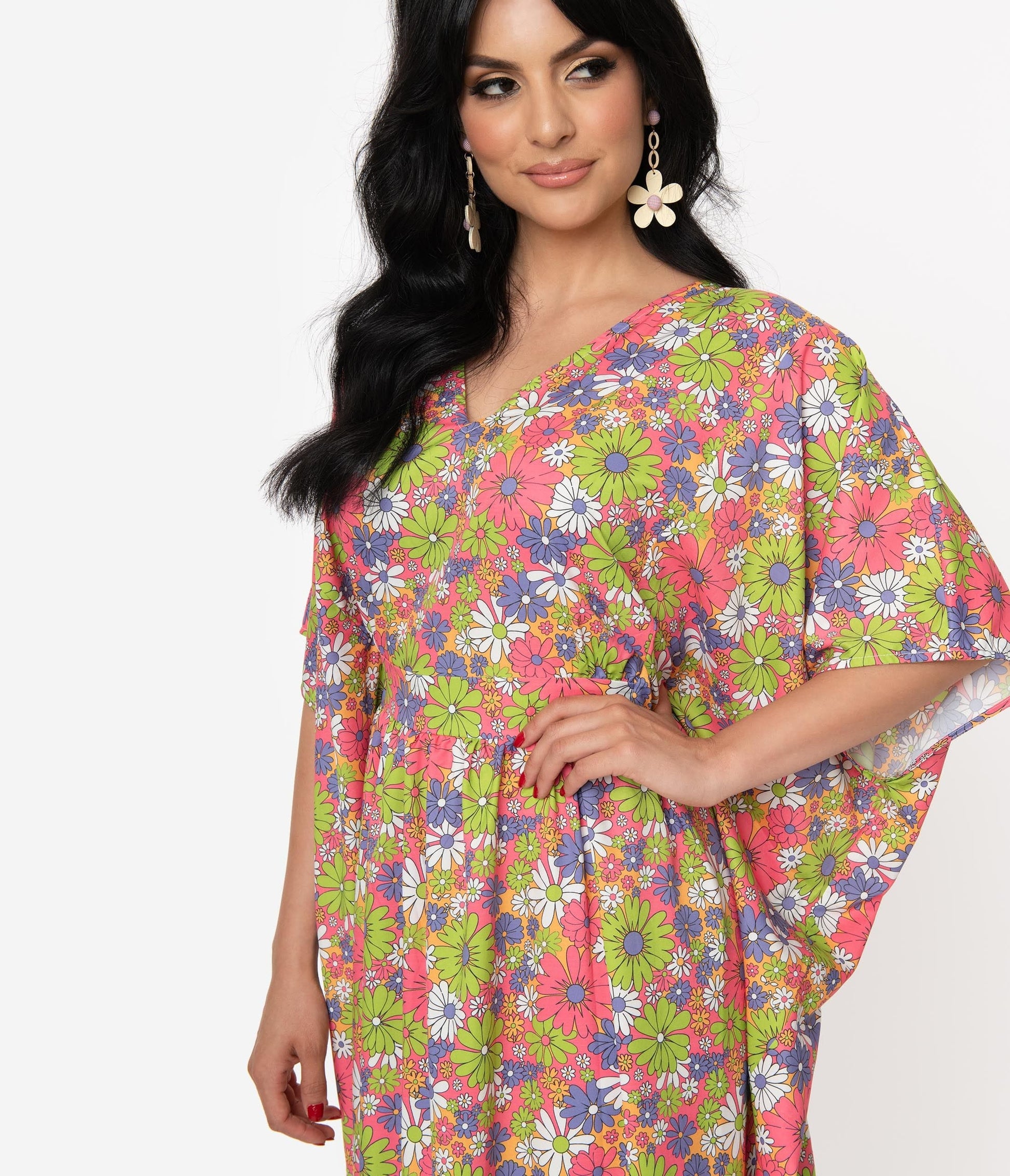 Unique Vintage Hot Pink & Multi Floral Burton Caftan Dress