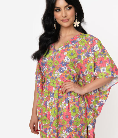 Unique Vintage Hot Pink & Multi Floral Burton Caftan Dress