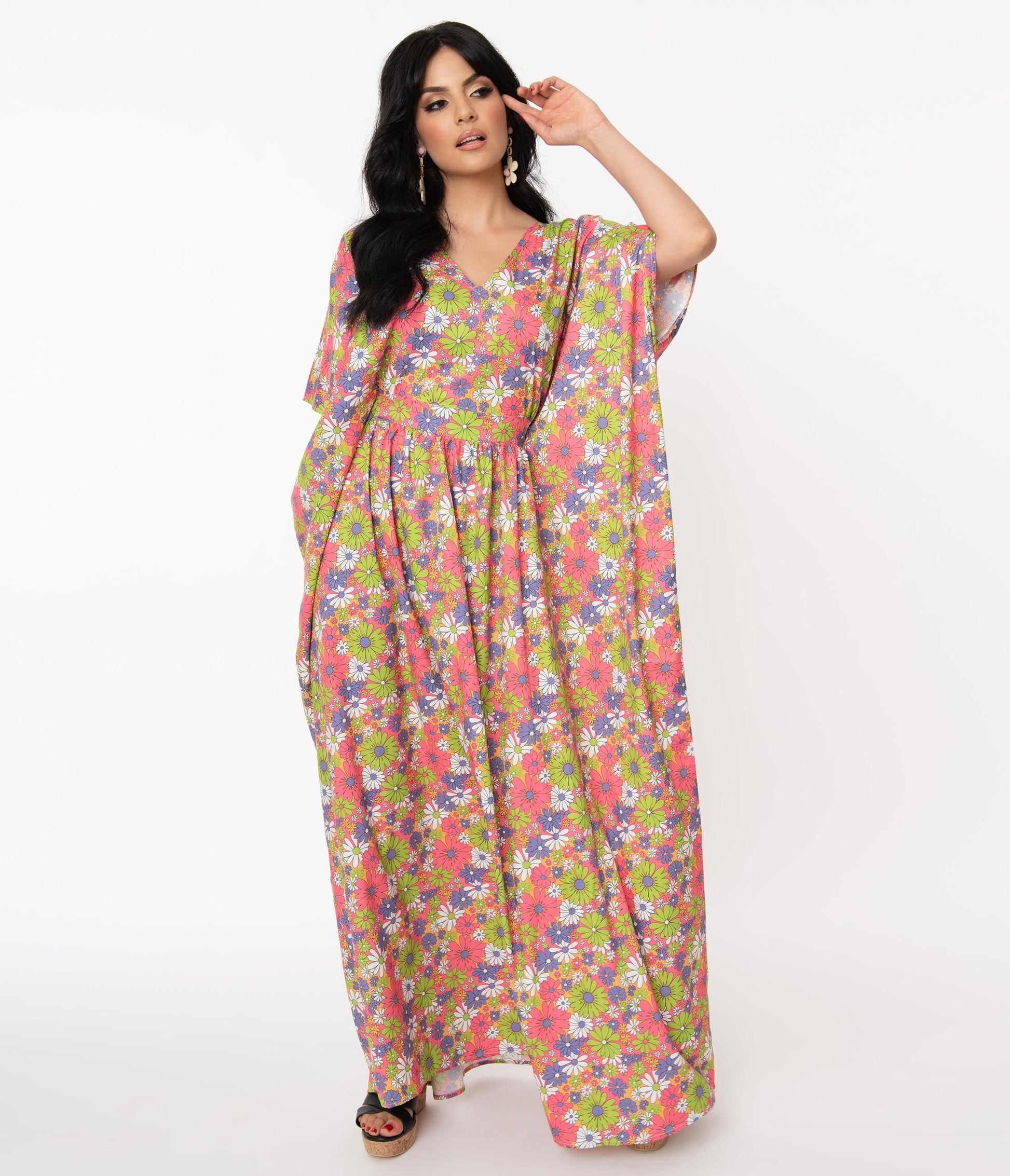 Unique Vintage Hot Pink & Multi Floral Burton Caftan Dress
