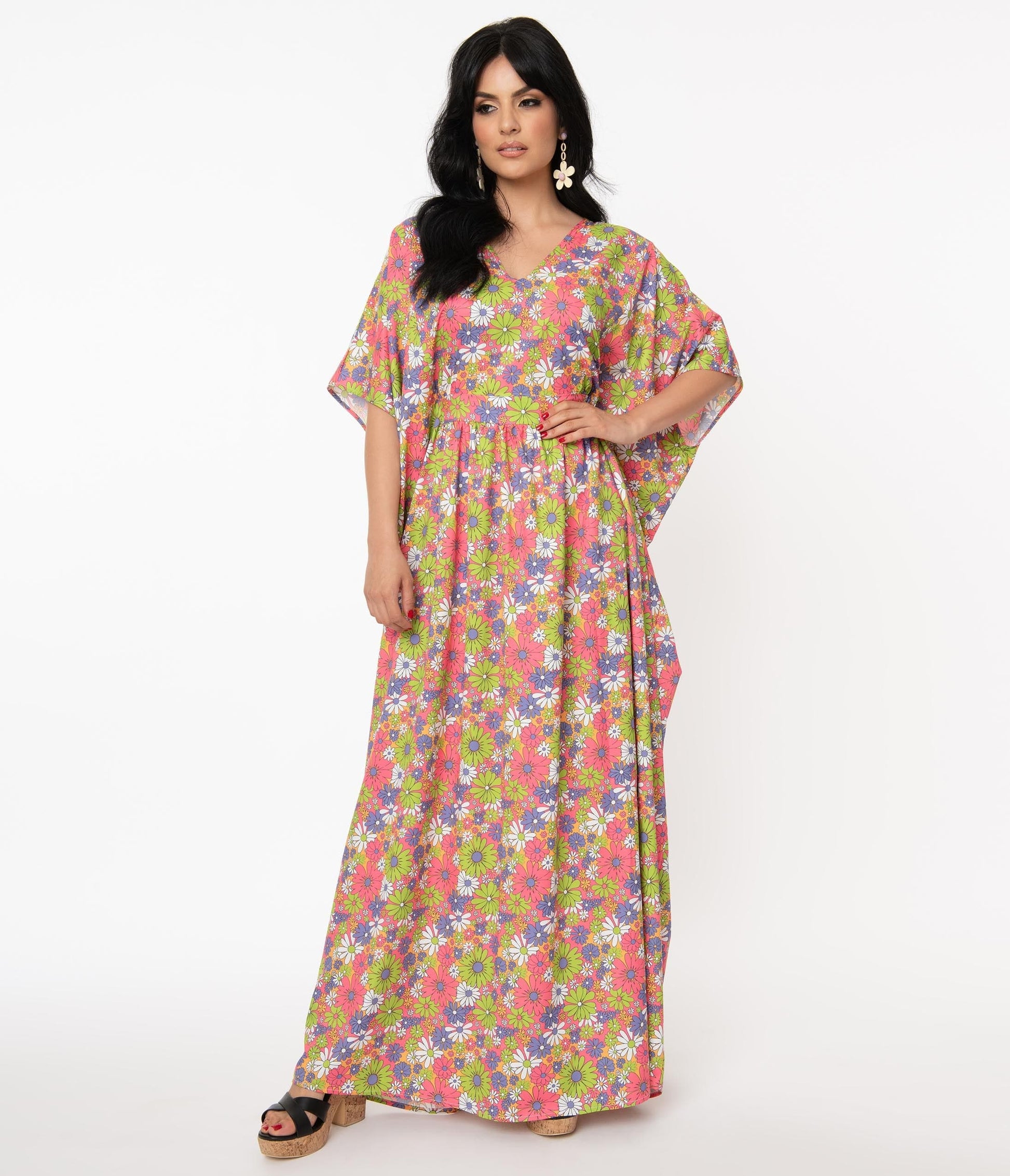 Unique Vintage Hot Pink & Multi Floral Burton Caftan Dress