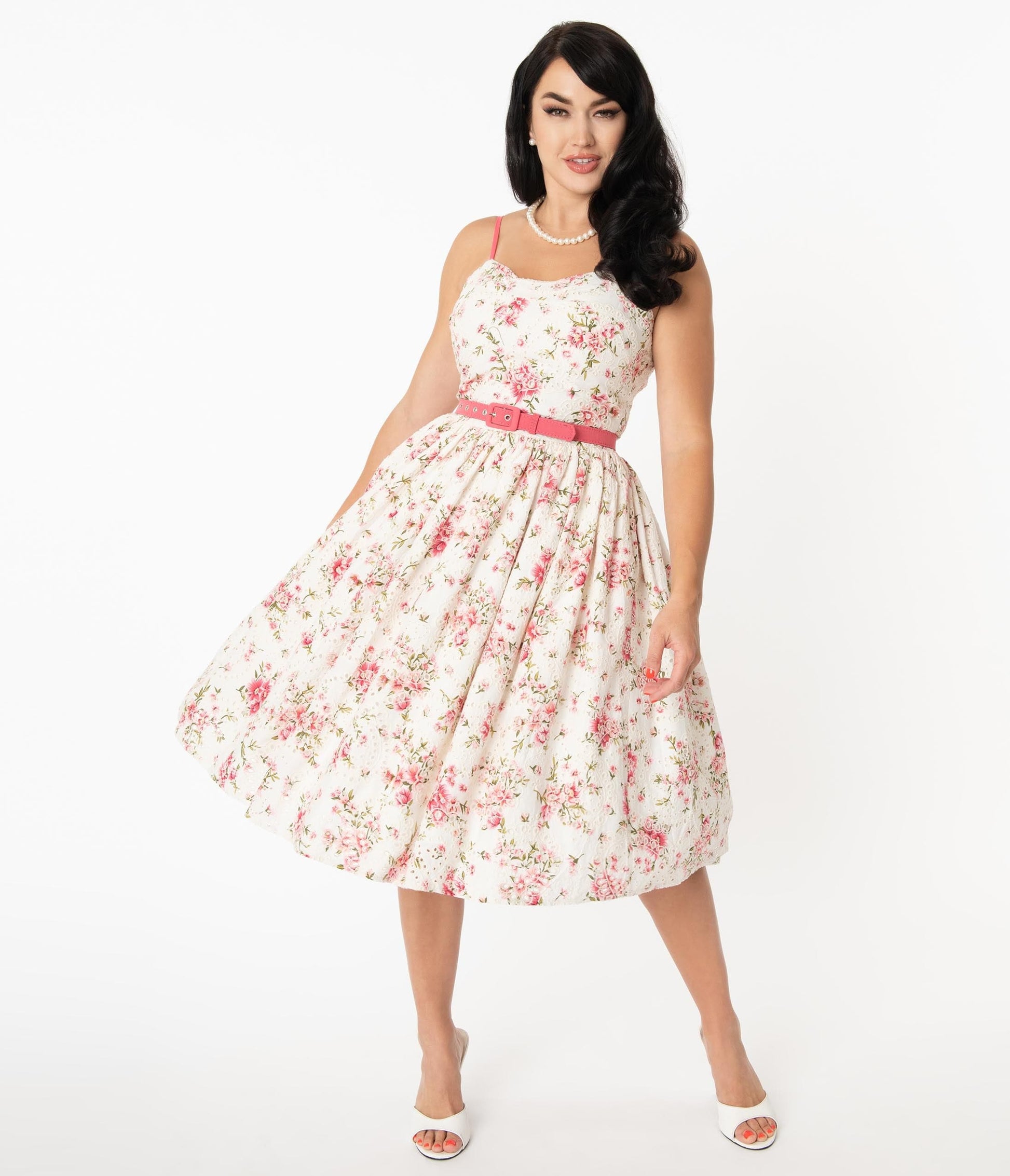 Unique Vintage White Eyelet & Floral Print Darcy Swing Dress