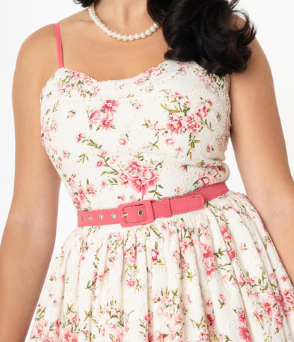 Unique Vintage White Eyelet & Floral Print Darcy Swing Dress