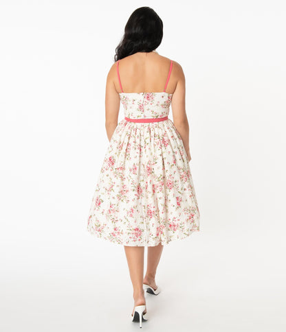 Unique Vintage White Eyelet & Floral Print Darcy Swing Dress