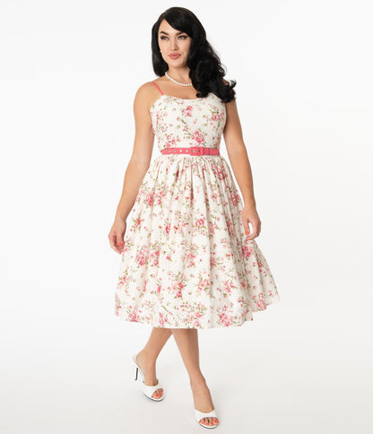 Unique Vintage White Eyelet & Floral Print Darcy Swing Dress