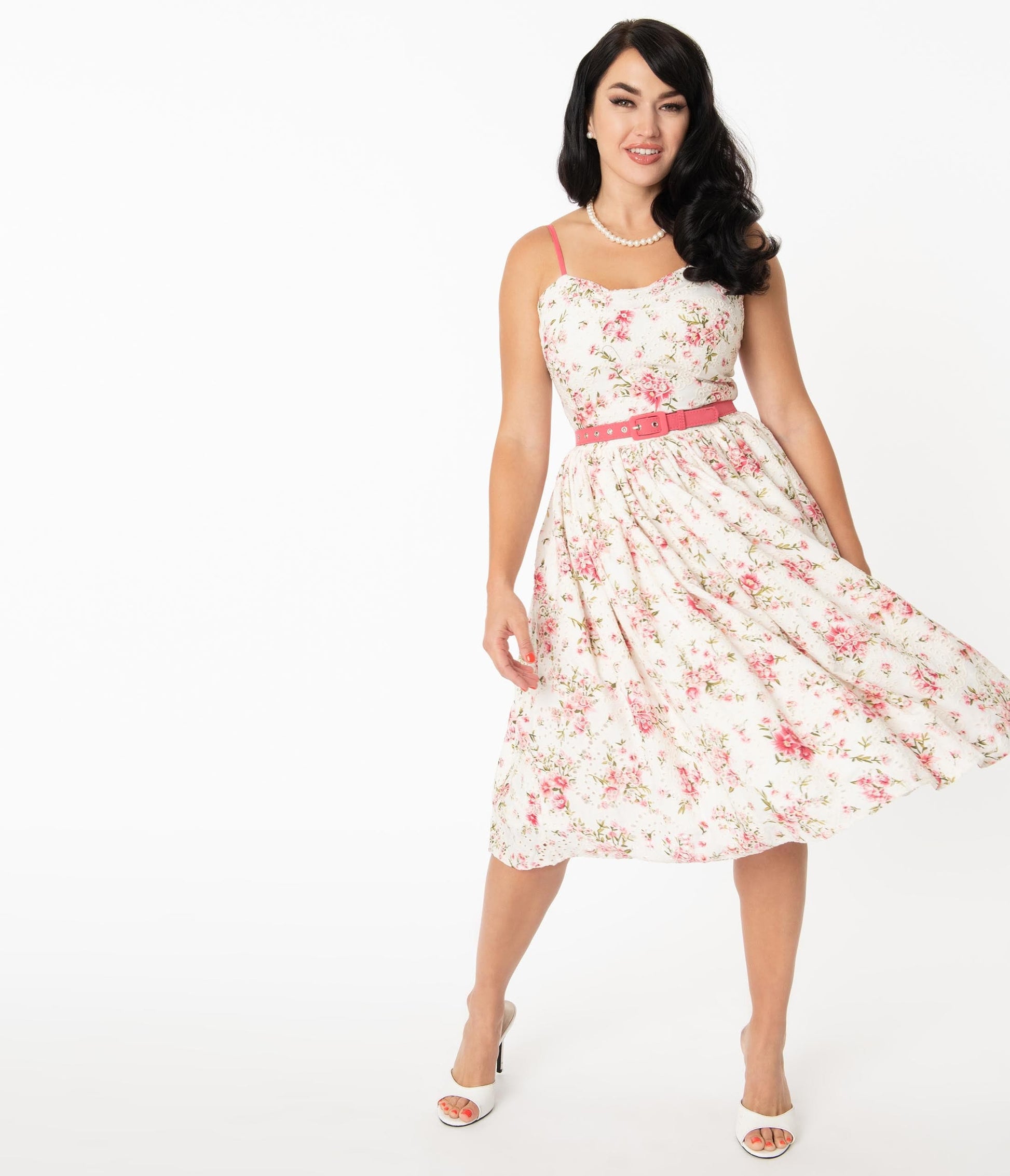 Unique Vintage White Eyelet & Floral Print Darcy Swing Dress