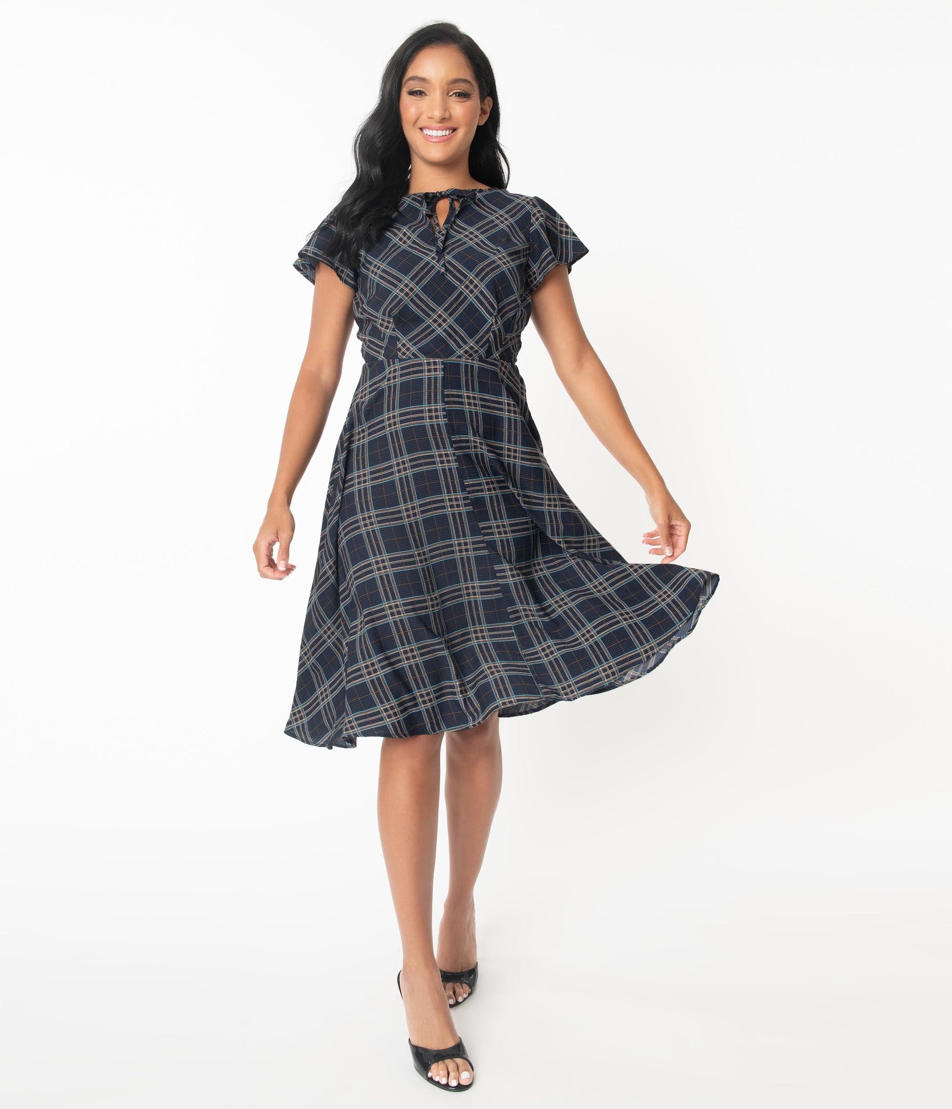 Unique Vintage 1940s Navy Plaid Formosa Swing Dress