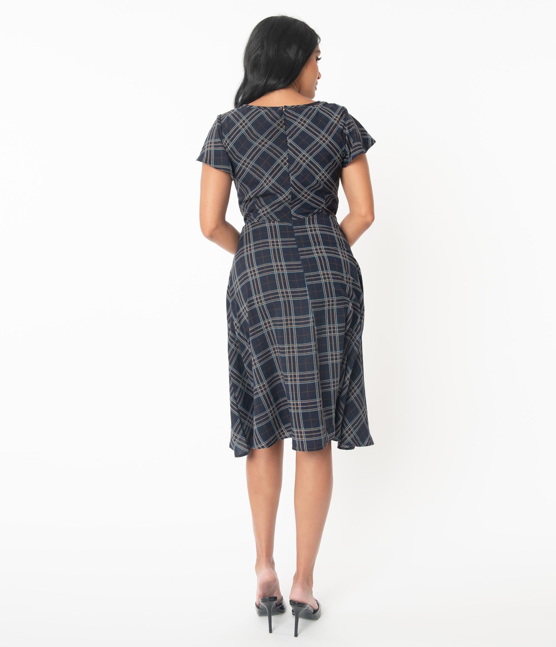 Unique Vintage 1940s Navy Plaid Formosa Swing Dress