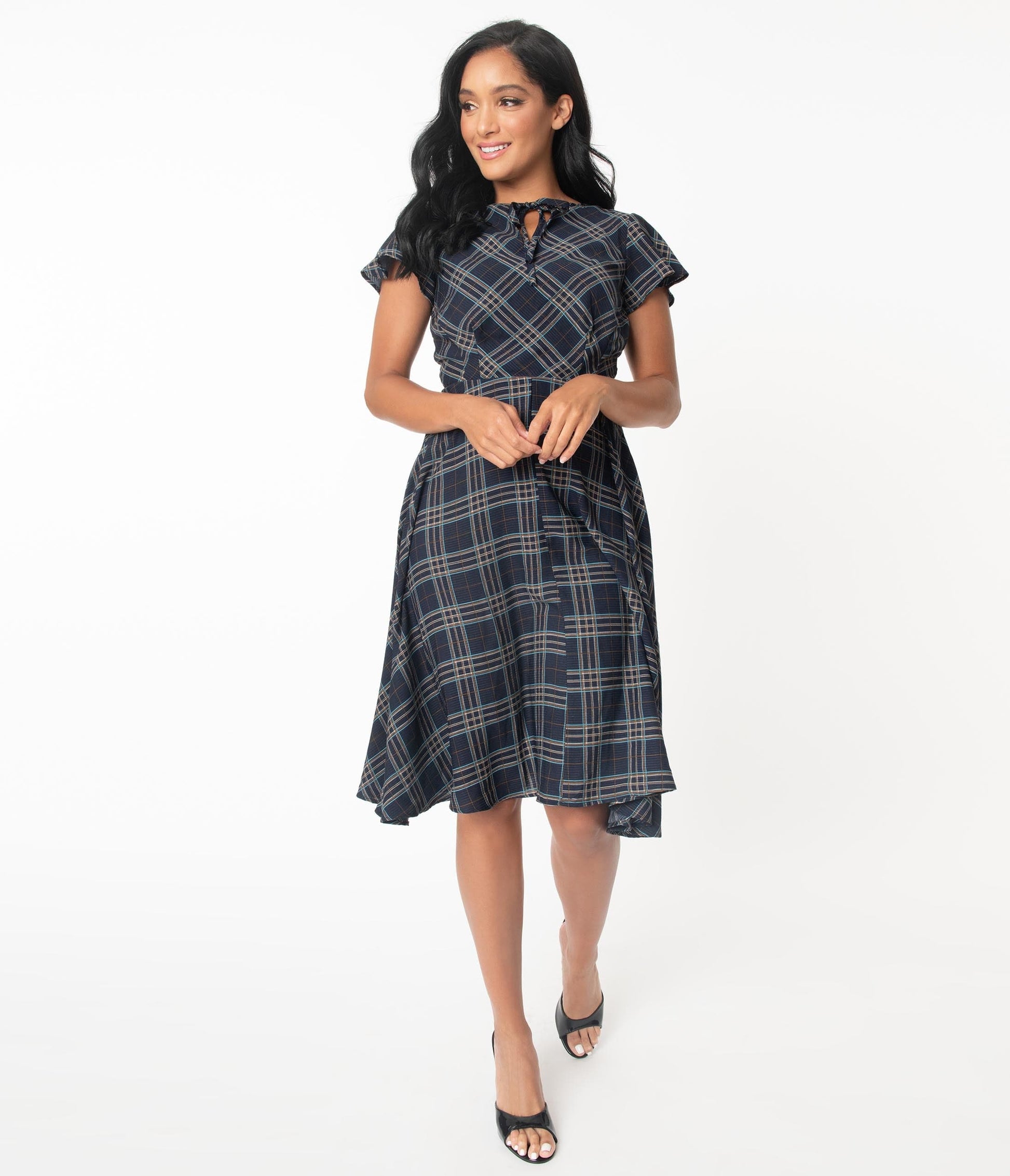 Unique Vintage 1940s Navy Plaid Formosa Swing Dress