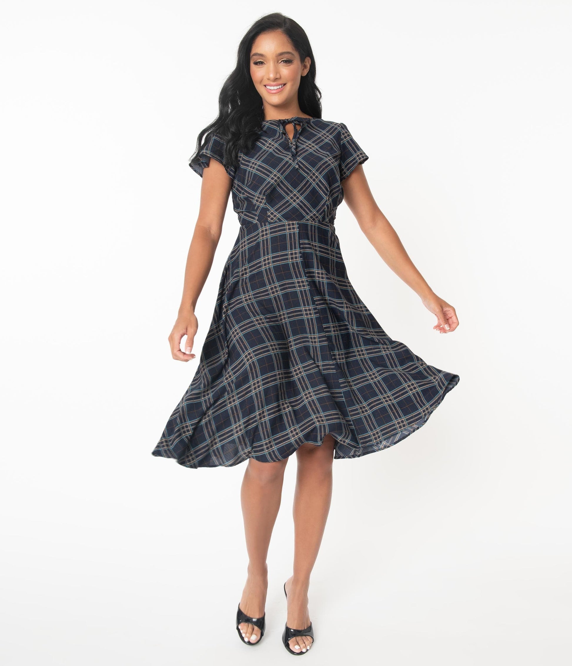 Unique Vintage 1940s Navy Plaid Formosa Swing Dress