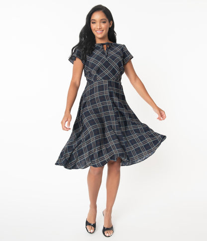 Unique Vintage 1940s Navy Plaid Formosa Swing Dress