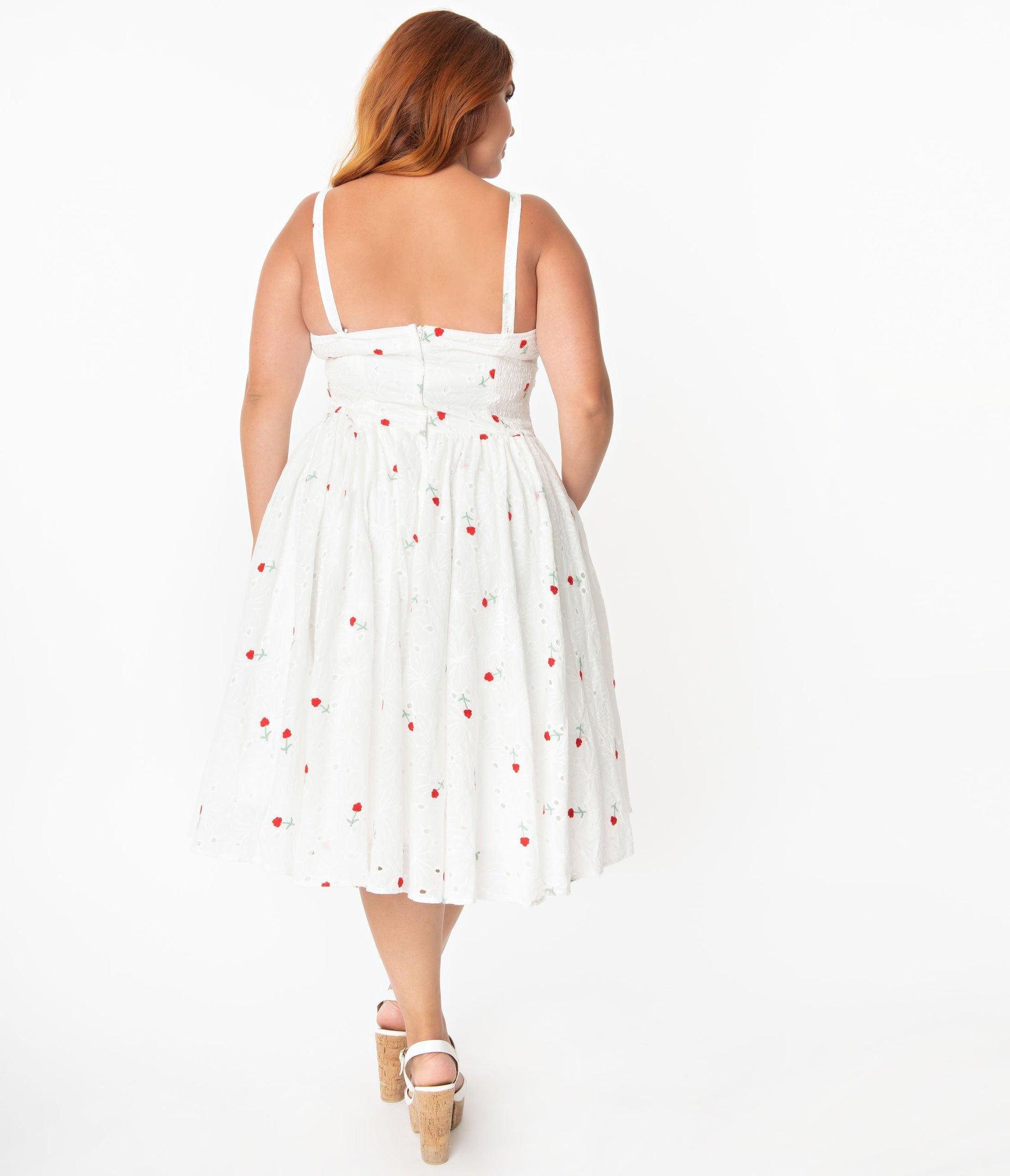 Unique Vintage Plus Size White Eyelet & Red Roses Golightly Swing Dress