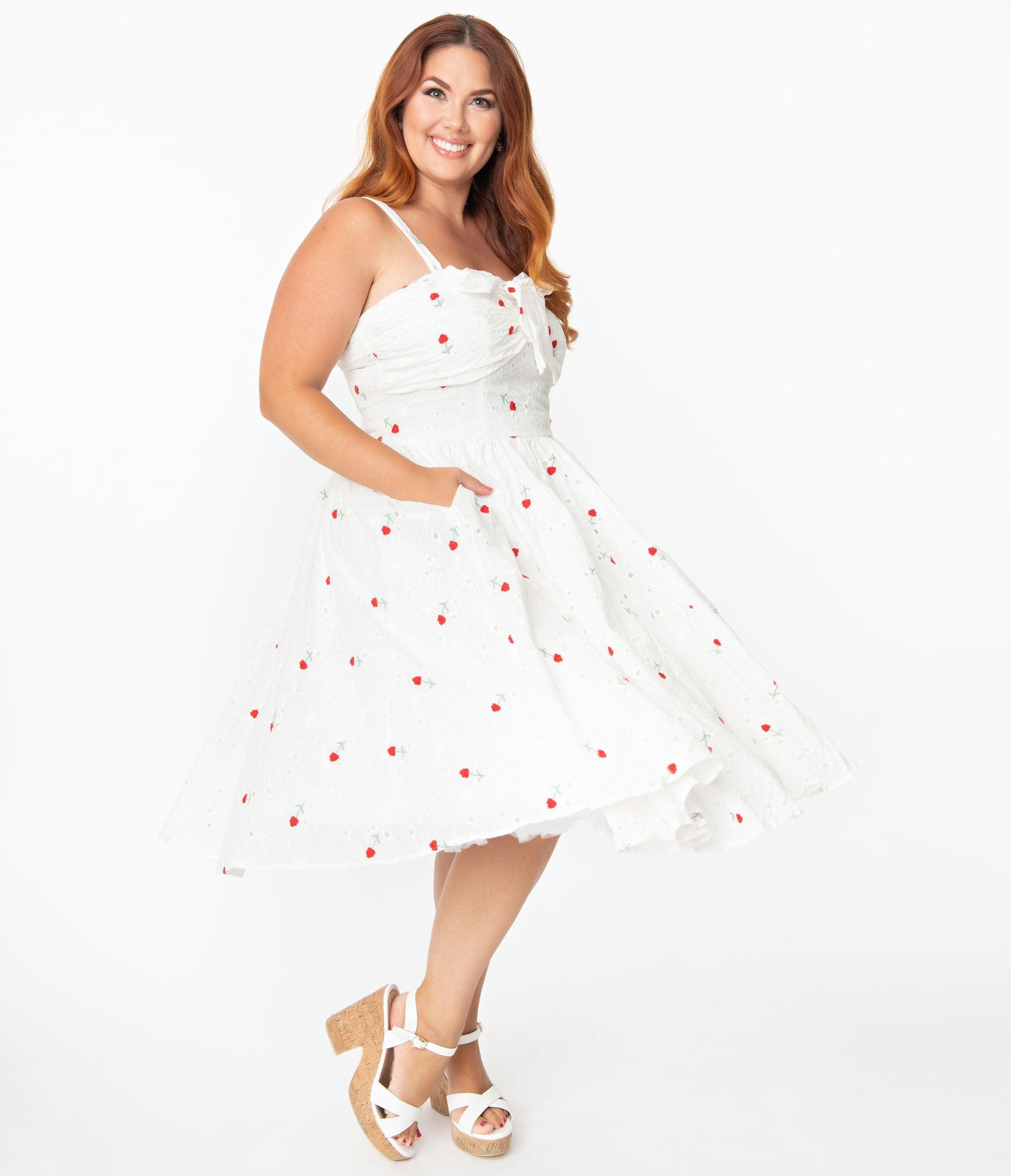 Unique Vintage Plus Size White Eyelet & Red Roses Golightly Swing Dress