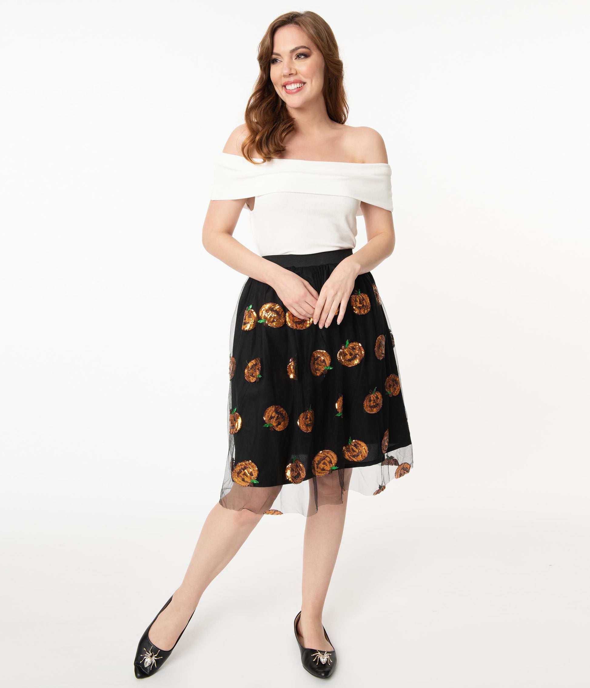 Magnolia Place 1950s Black Tulle & Orange Pumpkin Sequin Swing Skirt