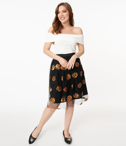 Magnolia Place 1950s Black Tulle & Orange Pumpkin Sequin Swing Skirt