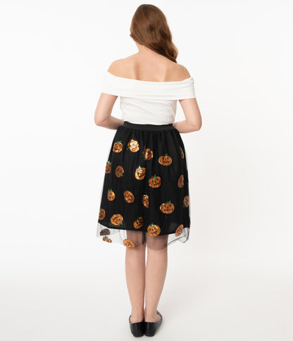 Magnolia Place 1950s Black Tulle & Orange Pumpkin Sequin Swing Skirt
