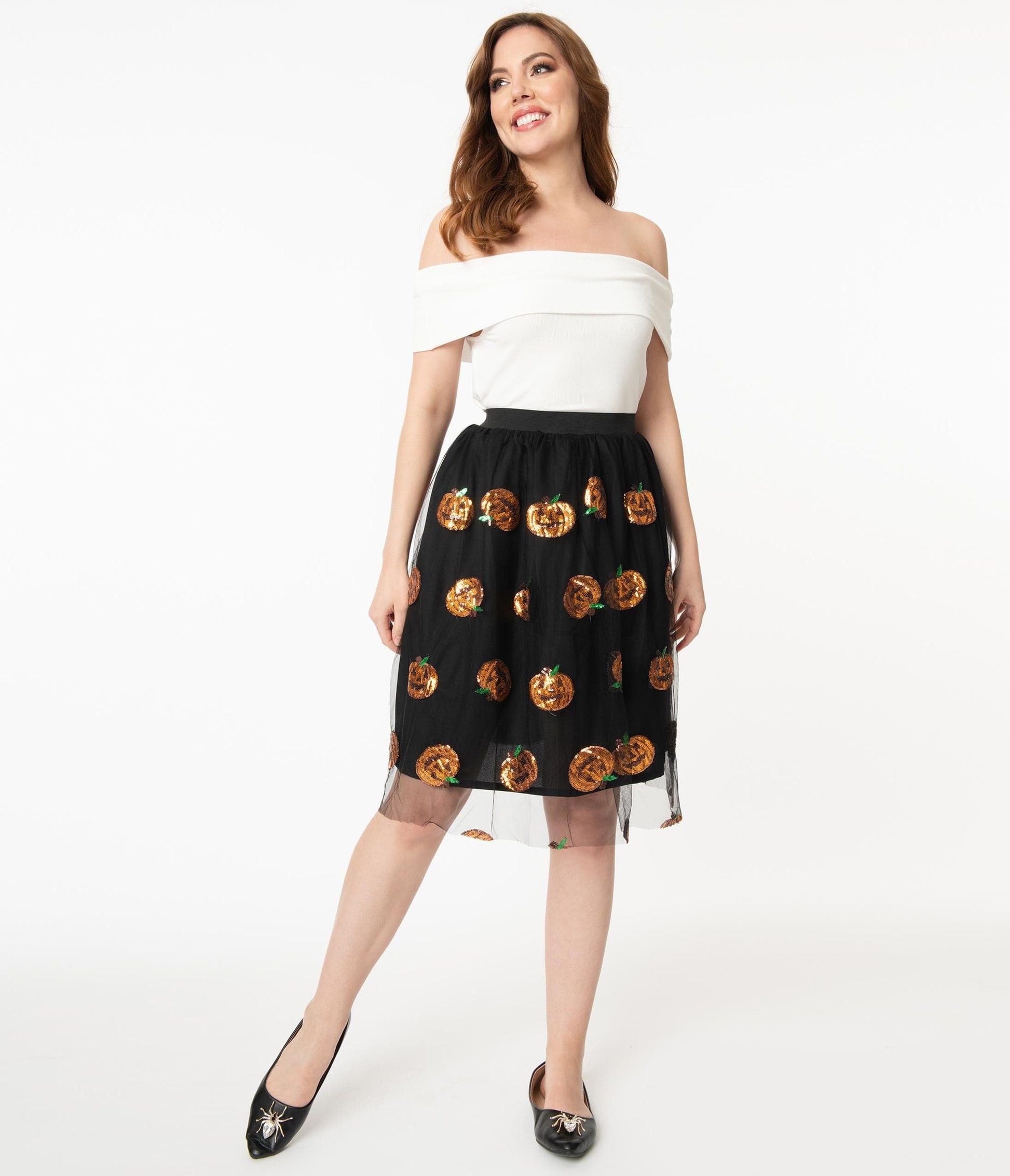 Magnolia Place 1950s Black Tulle & Orange Pumpkin Sequin Swing Skirt