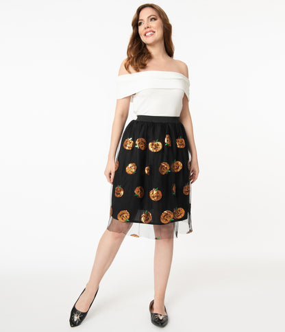 Magnolia Place 1950s Black Tulle & Orange Pumpkin Sequin Swing Skirt