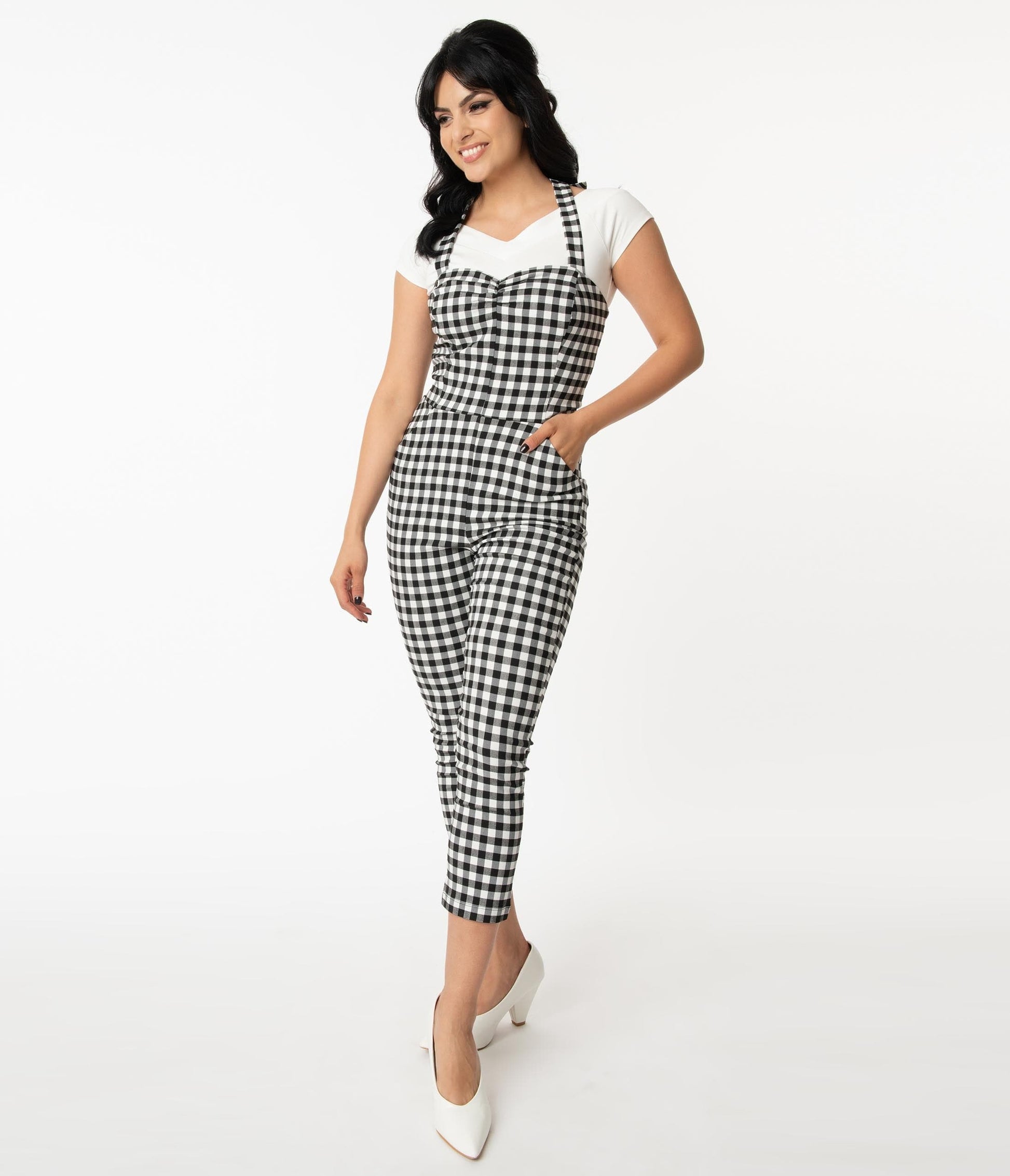 Unique Vintage Black & White Gingham Marcel Jumpsuit