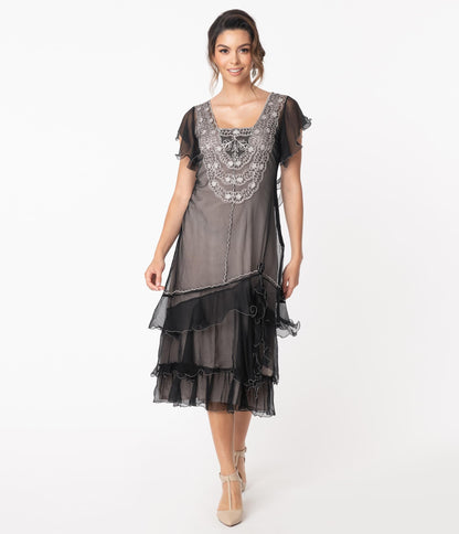 Vintage Style 1920s Black With Grey Alex Flapper Dress