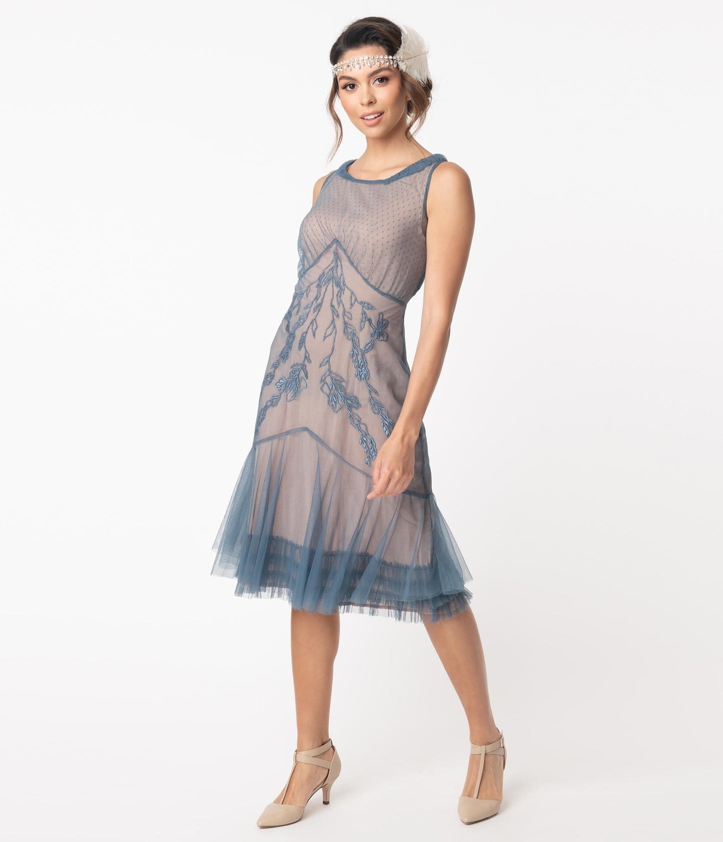 1920s Style Sapphire Embroidered Tatianna Flapper Dress