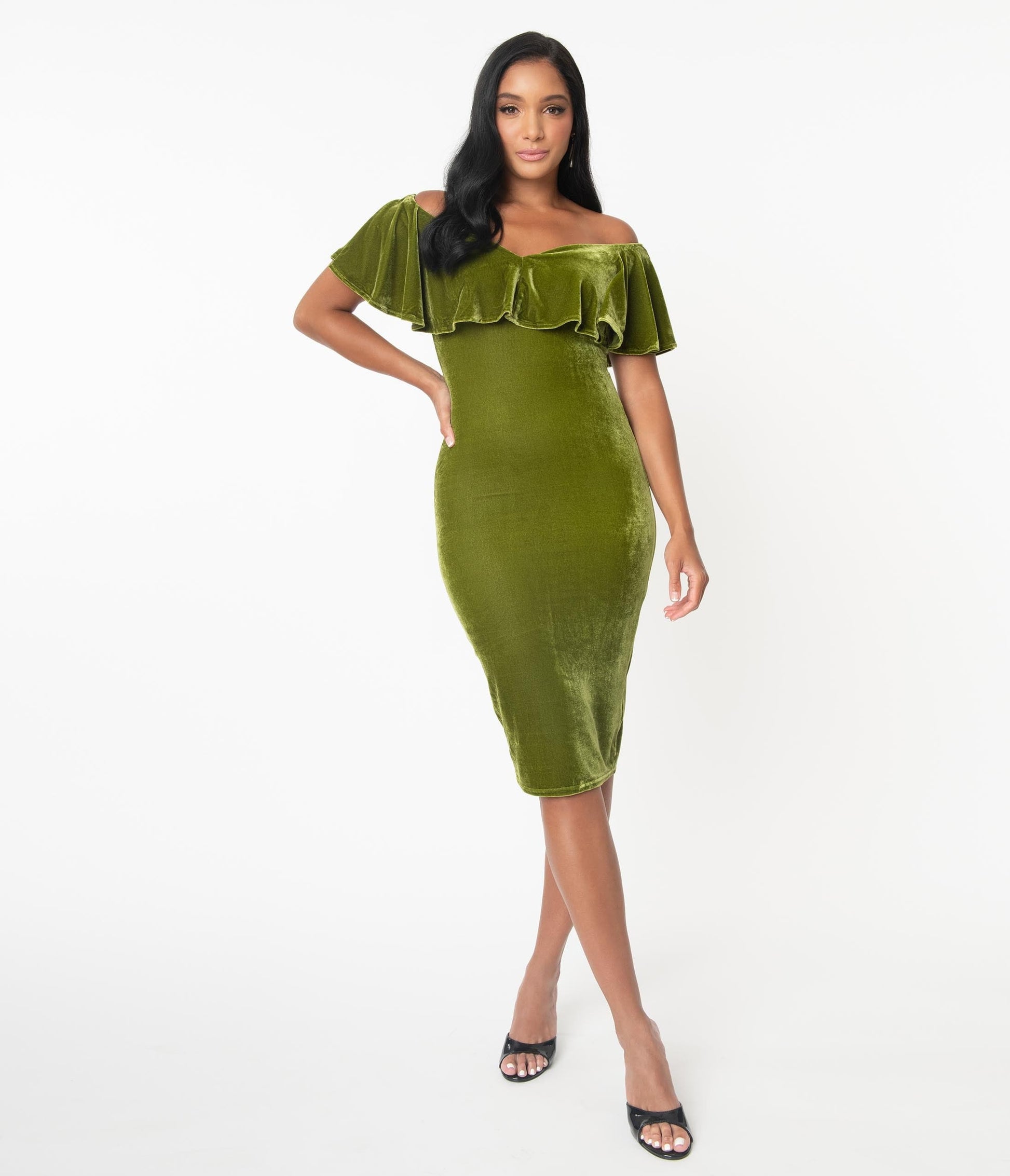 Unique Vintage Olive Velvet Sophia Wiggle Dress