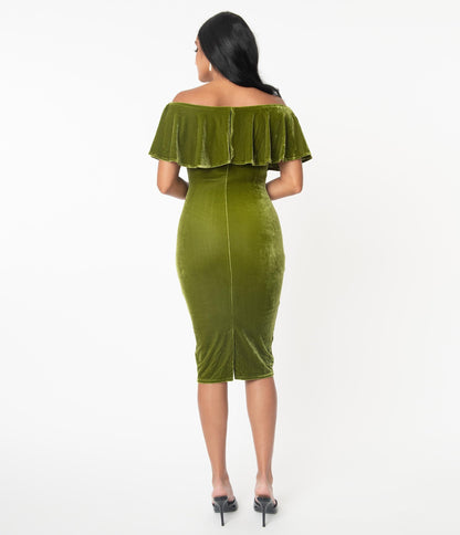 Unique Vintage Olive Velvet Sophia Wiggle Dress