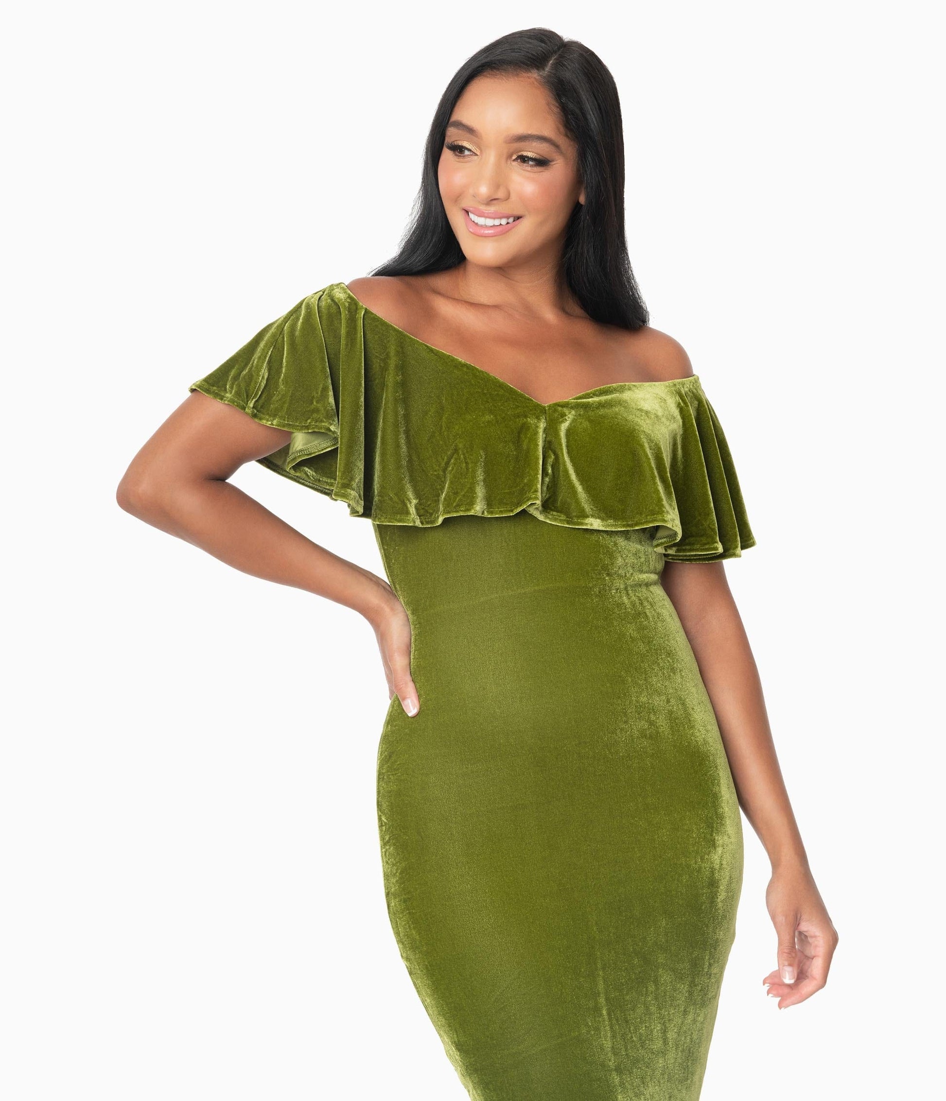 Unique Vintage Olive Velvet Sophia Wiggle Dress