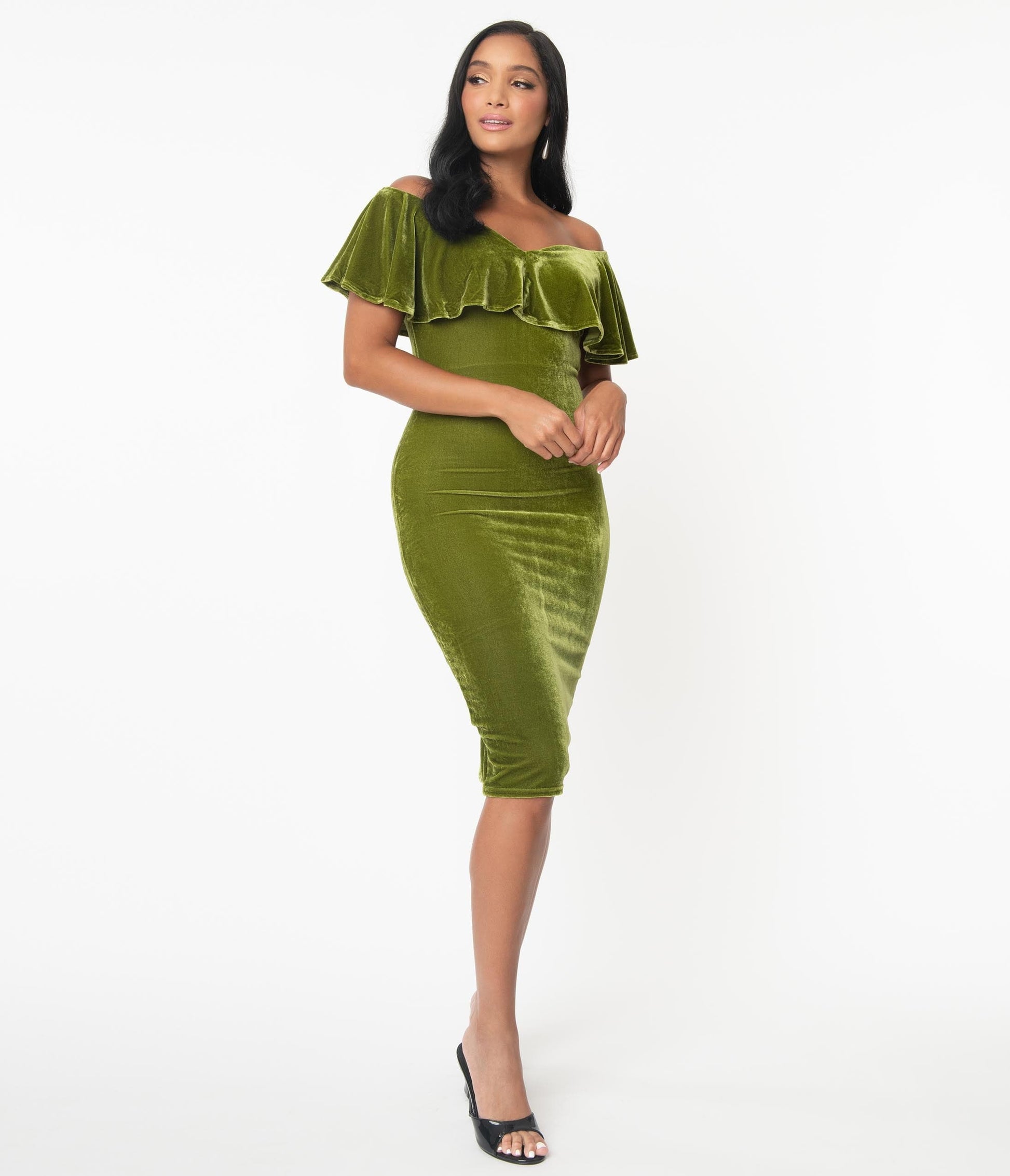 Unique Vintage Olive Velvet Sophia Wiggle Dress