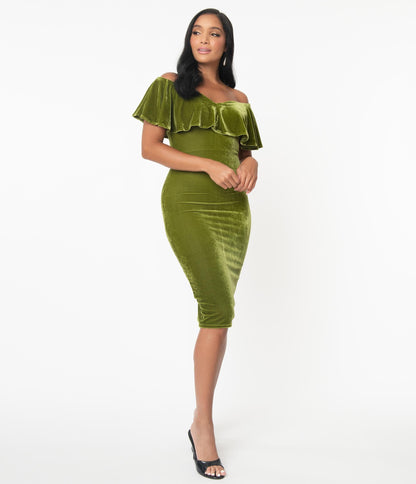 Unique Vintage Olive Velvet Sophia Wiggle Dress