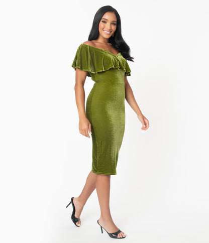 Unique Vintage Olive Velvet Sophia Wiggle Dress