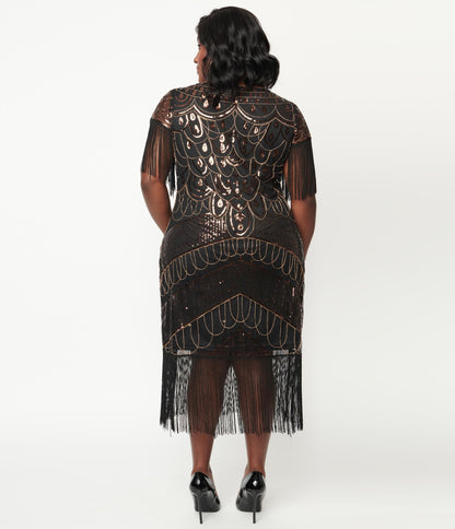 1920s Unique Vintage Plus Size Black & Bronze Sequin Sleeved Laure Flapper Dress