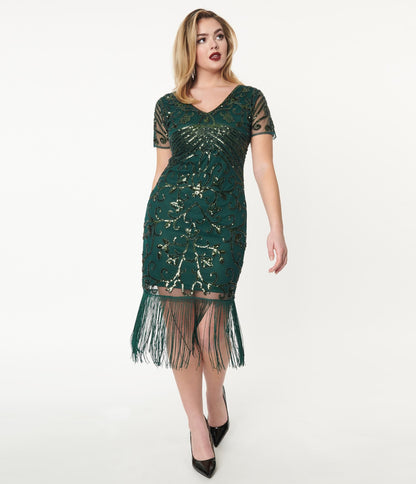 1920s Unique Vintage Emerald Beaded Troyes Flapper Dress