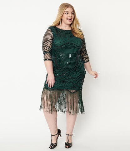 1920s Unique Vintage Plus Size Emerald & Black Sequin Sleeved Therese Flapper Dress