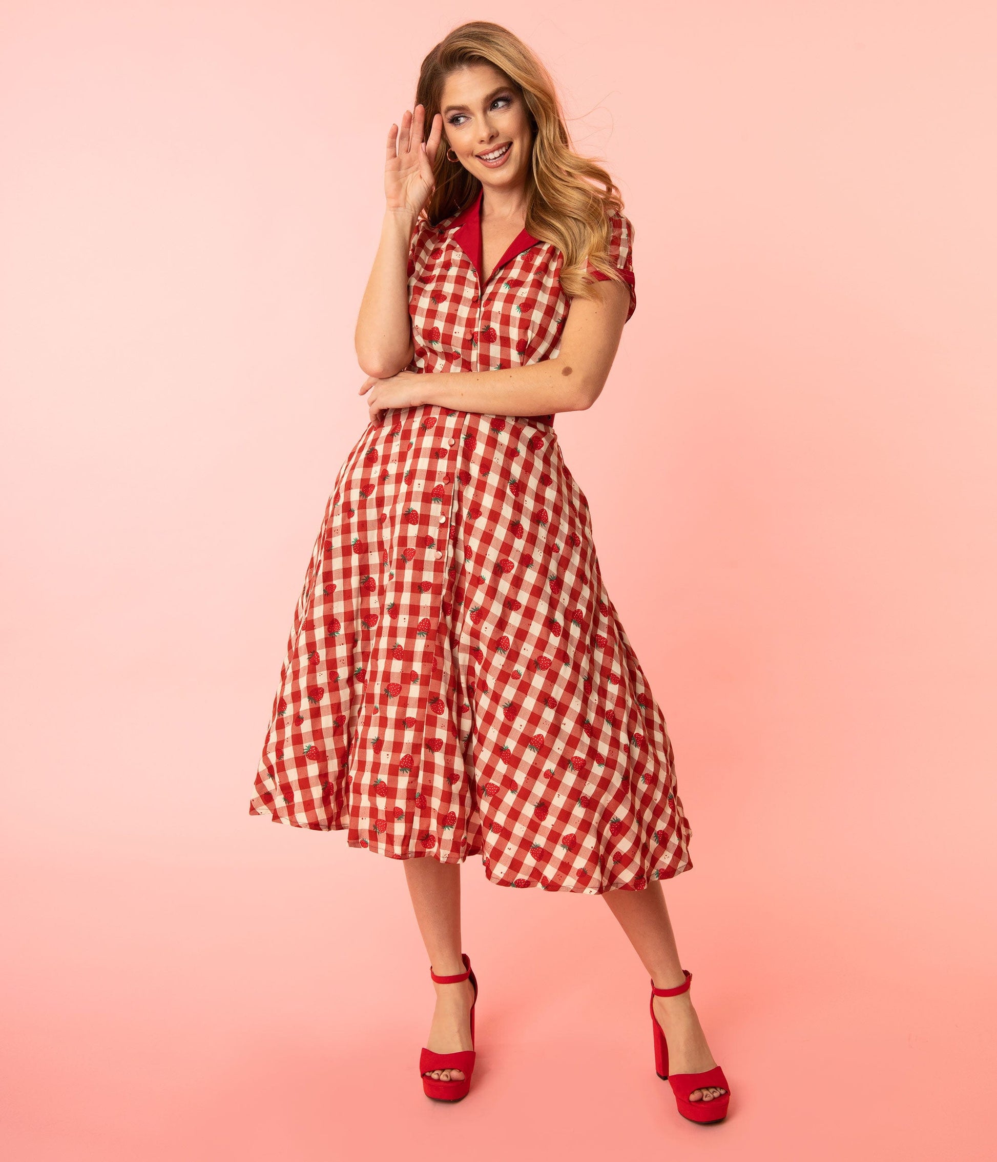 Unique Vintage Red Gingham & Strawberry Print Alexis Swing Dress