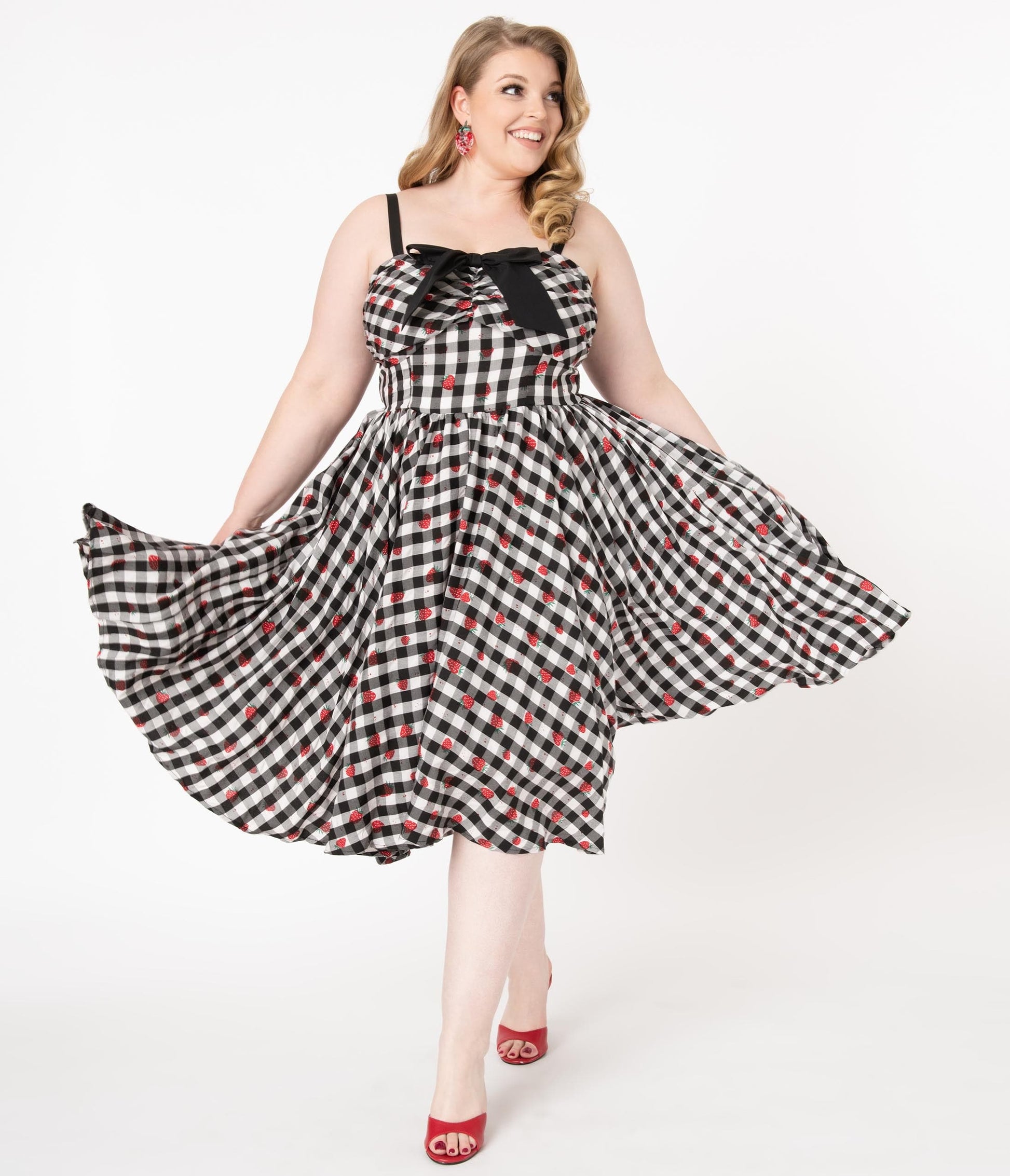 Unique Vintage Plus Size 1950s Black Gingham & Strawberry Golightly Swing Dress