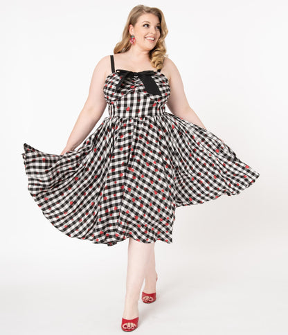 Unique Vintage Plus Size 1950s Black Gingham & Strawberry Golightly Swing Dress