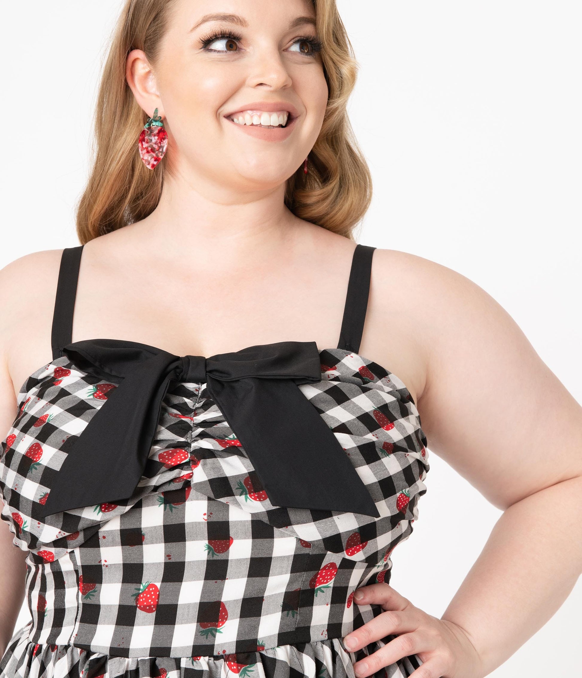 Unique Vintage Plus Size 1950s Black Gingham & Strawberry Golightly Swing Dress