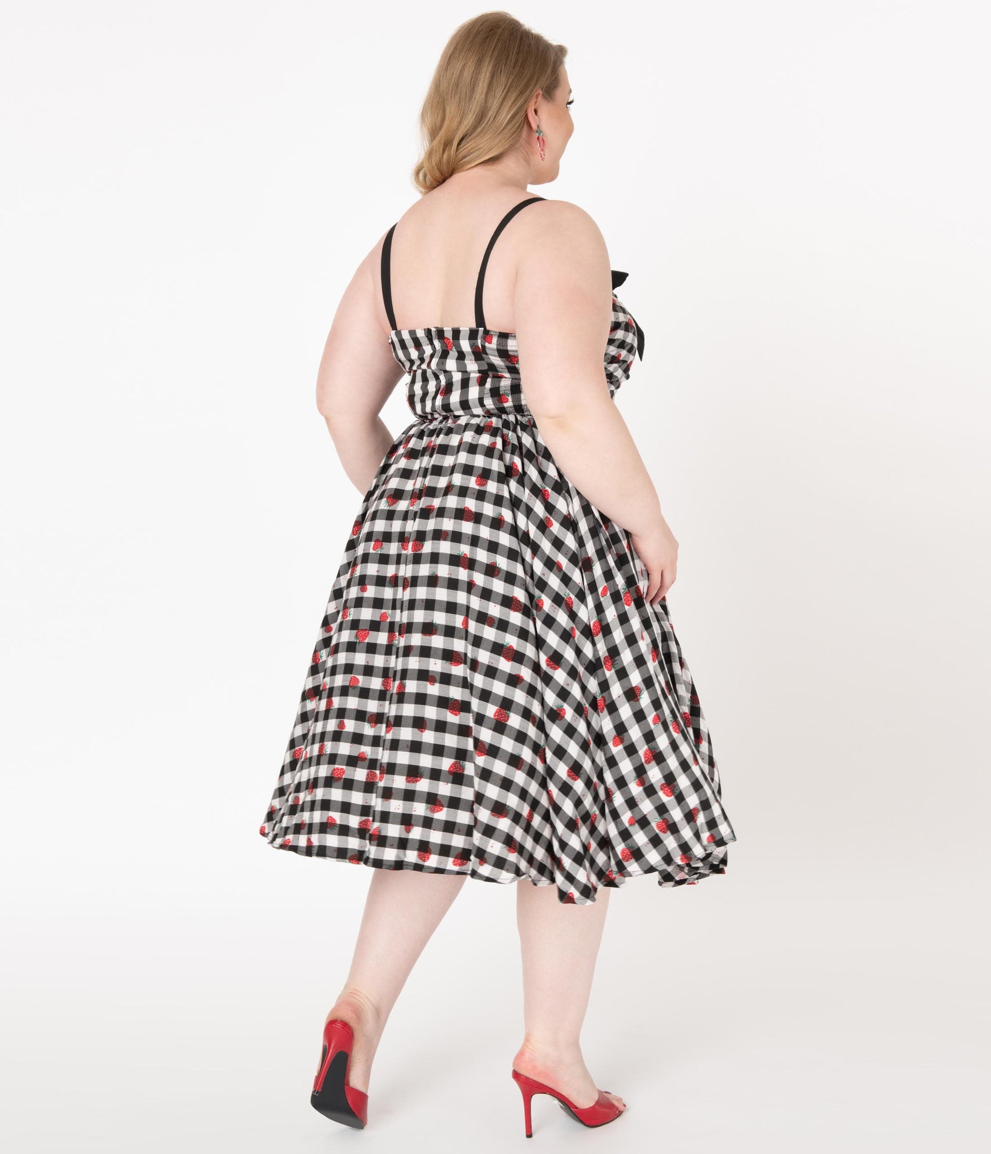 Unique Vintage Plus Size 1950s Black Gingham & Strawberry Golightly Swing Dress