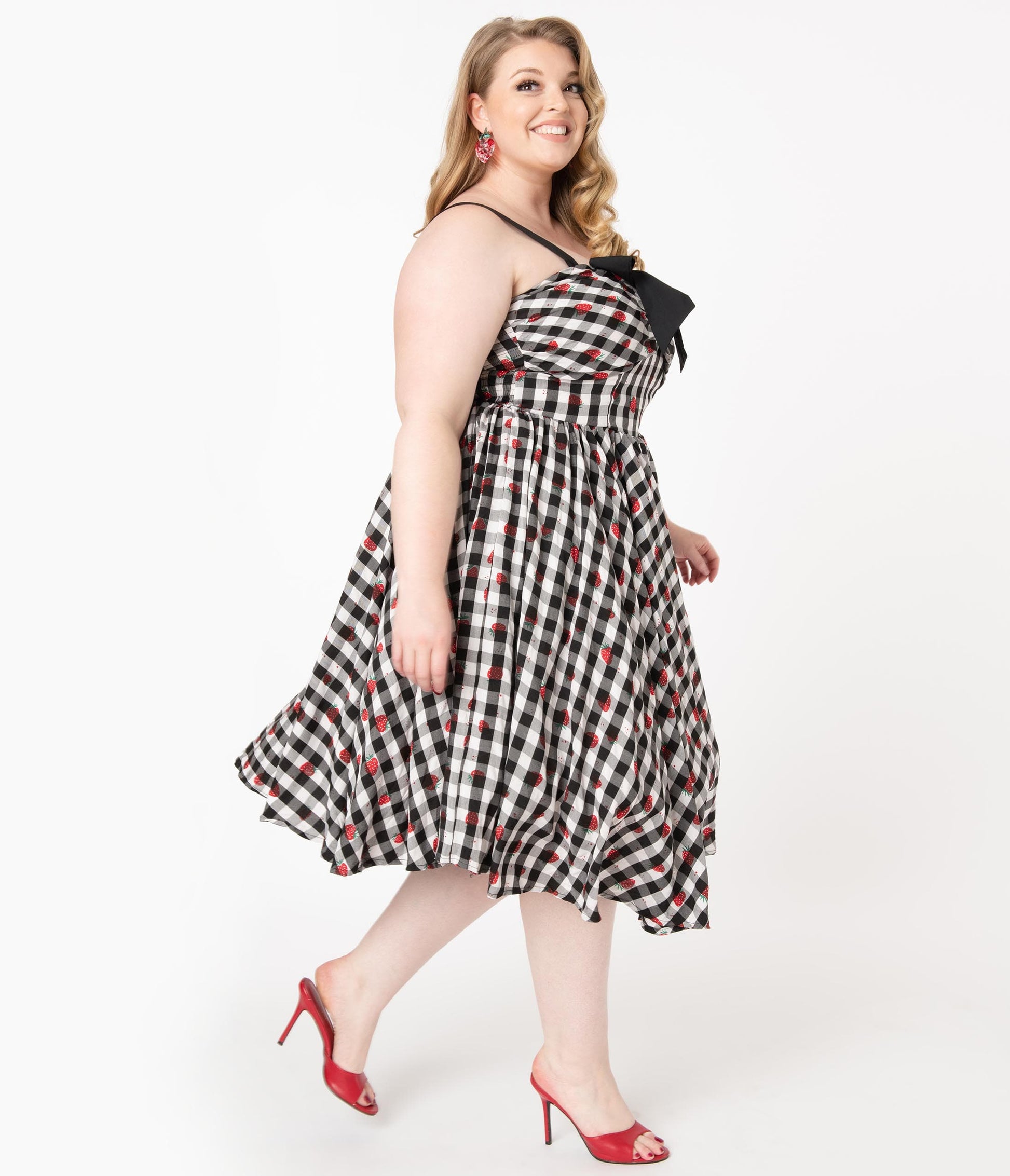 Unique Vintage Plus Size 1950s Black Gingham & Strawberry Golightly Swing Dress