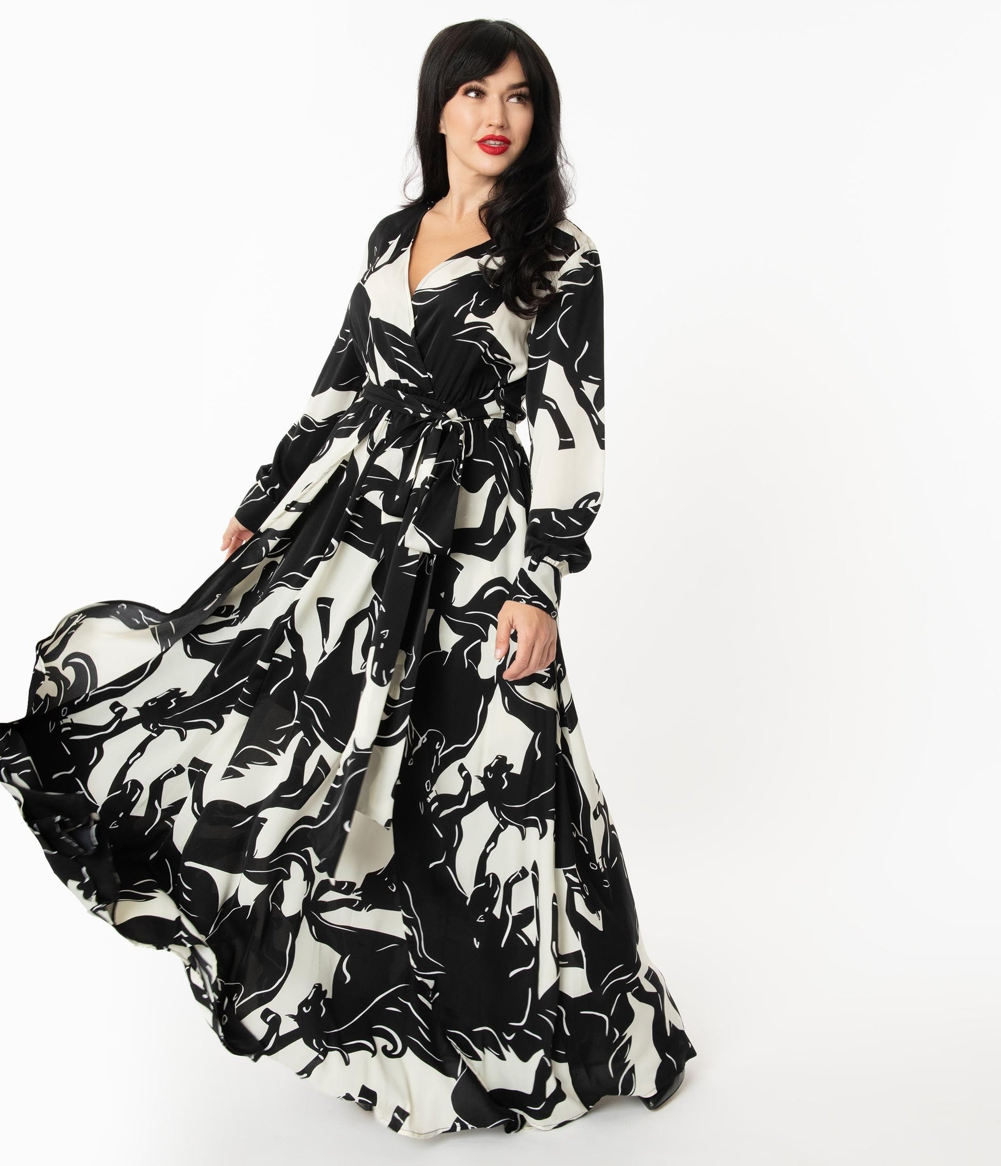 Unique Vintage Black & White Wild Horses Farrah Maxi Dress