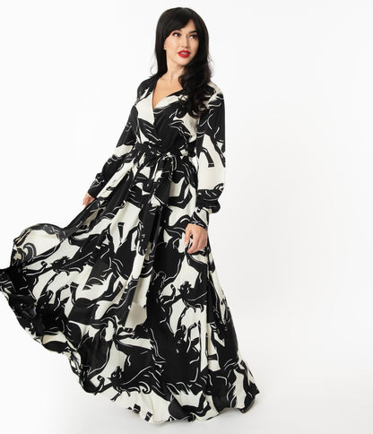 Unique Vintage Black & White Wild Horses Farrah Maxi Dress