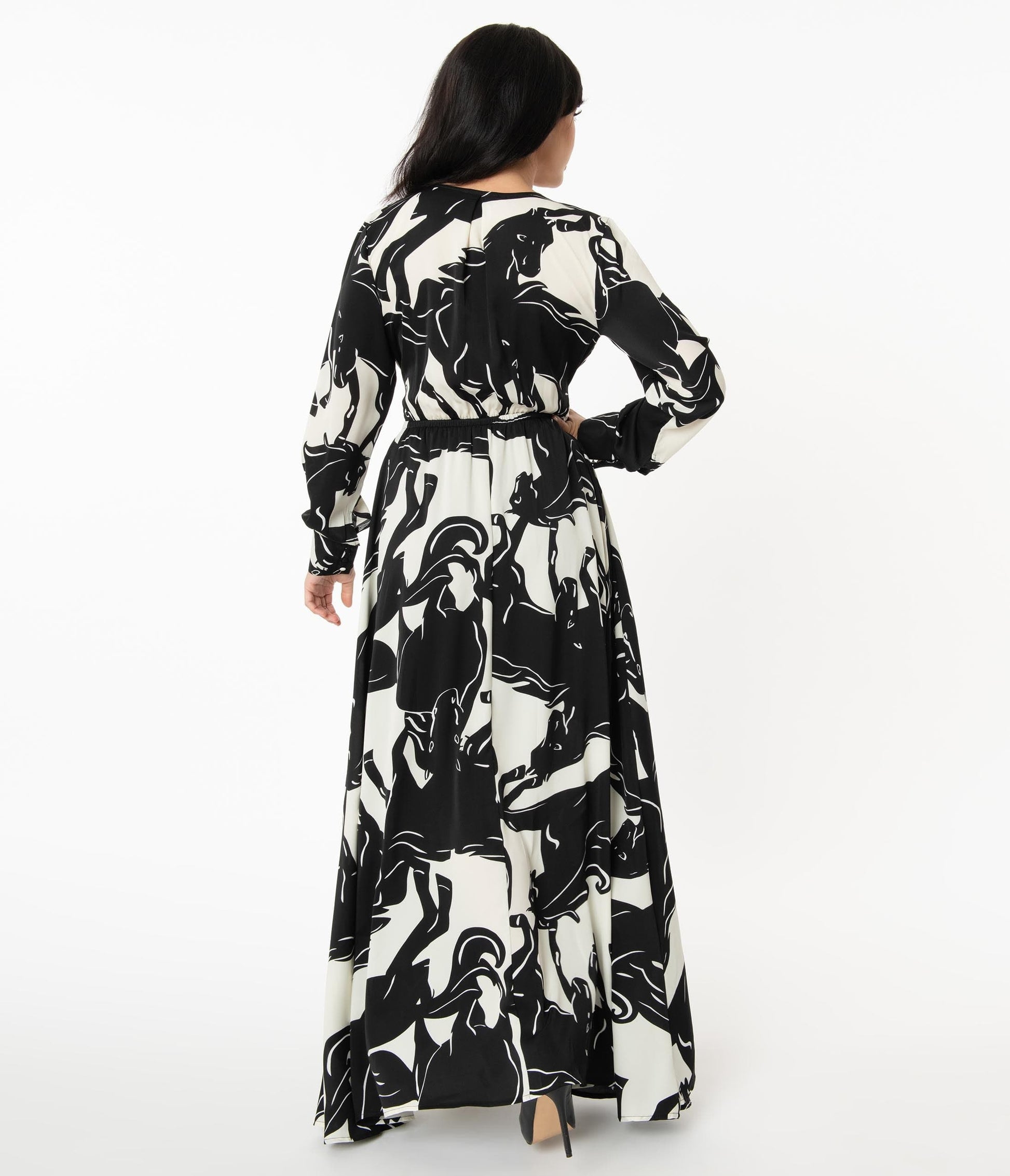 Unique Vintage Black & White Wild Horses Farrah Maxi Dress