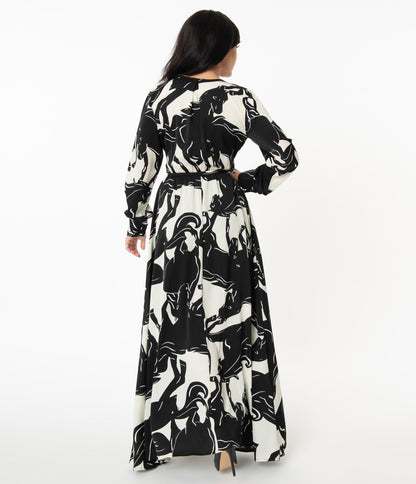 Unique Vintage Black & White Wild Horses Farrah Maxi Dress