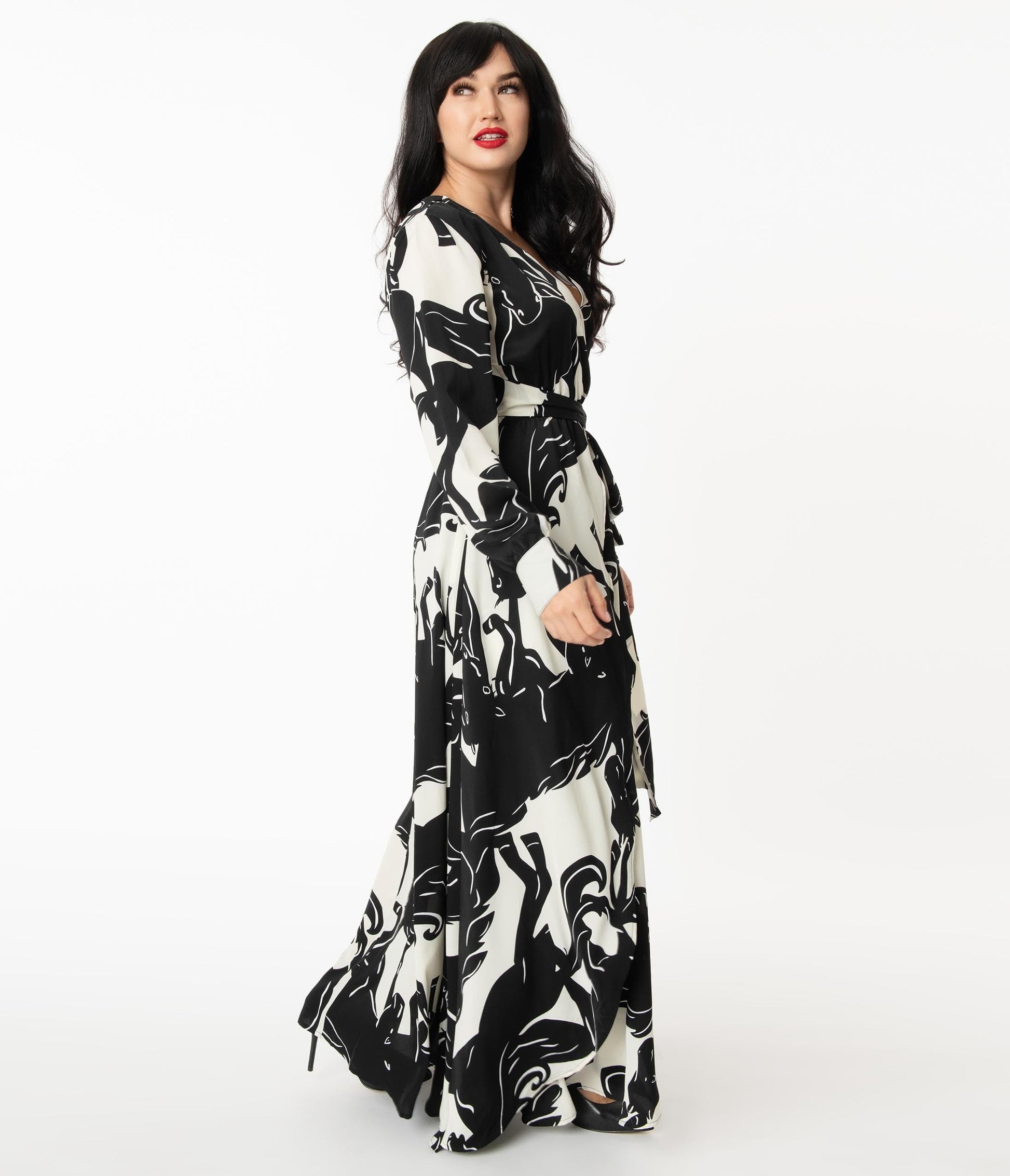 Unique Vintage Black & White Wild Horses Farrah Maxi Dress