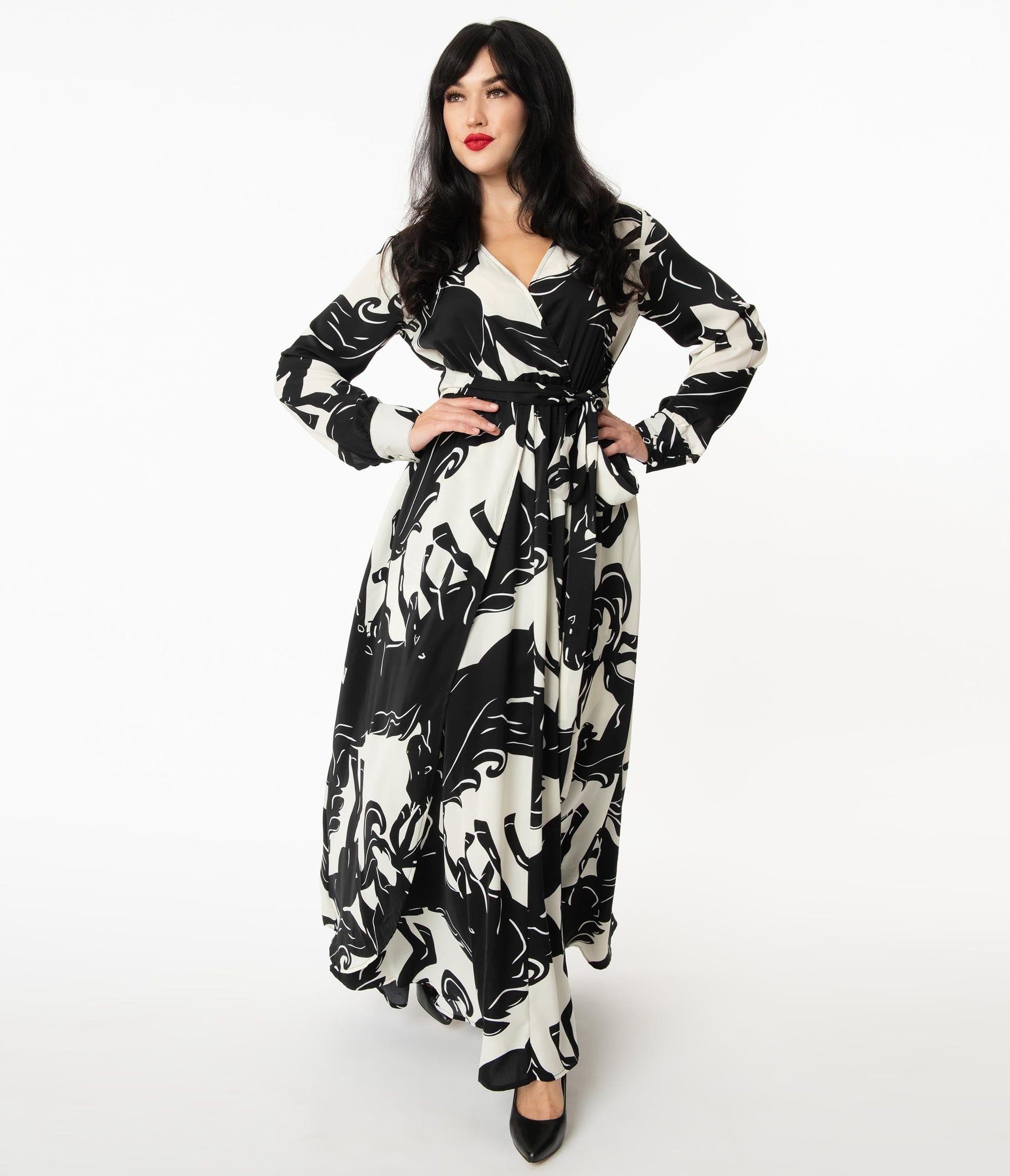 Unique Vintage Black & White Wild Horses Farrah Maxi Dress