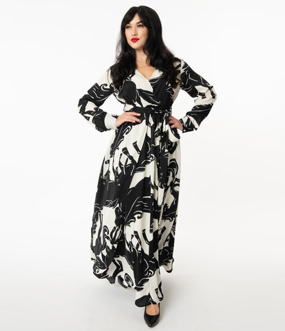 Unique Vintage Black & White Wild Horses Farrah Maxi Dress