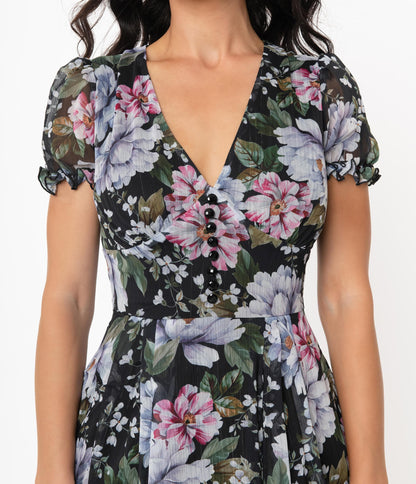 Hell Bunny Pink & Blue Floral Magnolia Swing Dress