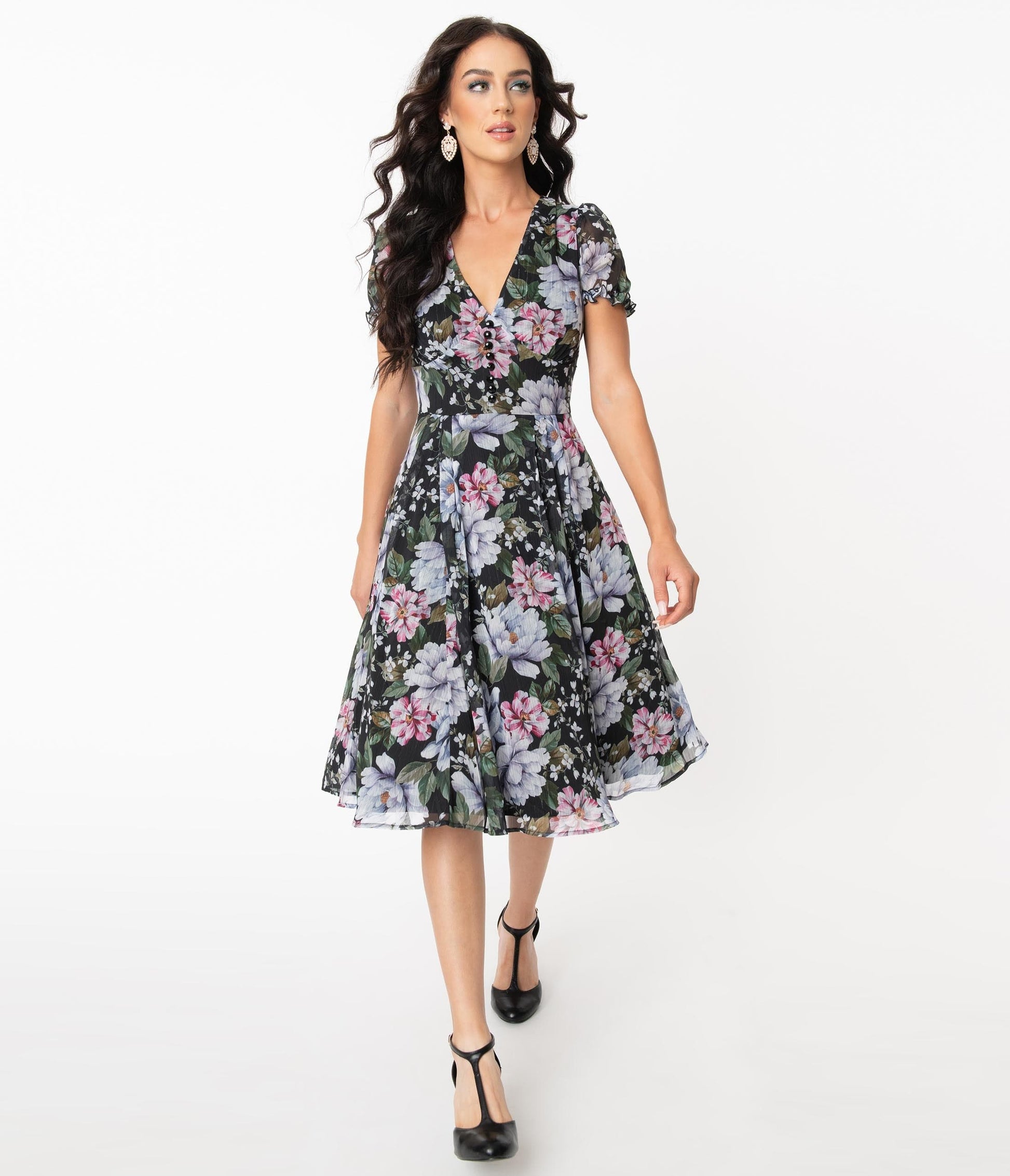 Hell Bunny Pink & Blue Floral Magnolia Swing Dress
