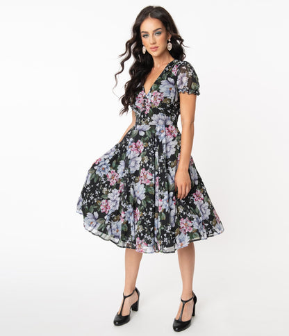 Hell Bunny Pink & Blue Floral Magnolia Swing Dress